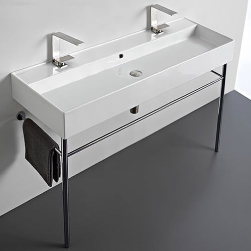 Large Double Ceramic Console Sink and Polished Chrome Stand, 48